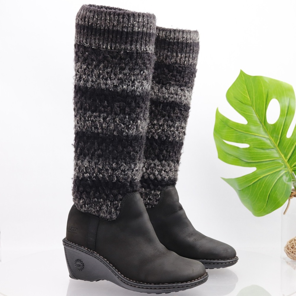 UGG Womens Cresthaven Boots Size 8 Black Leather Knit Knee High Wedge Shearling